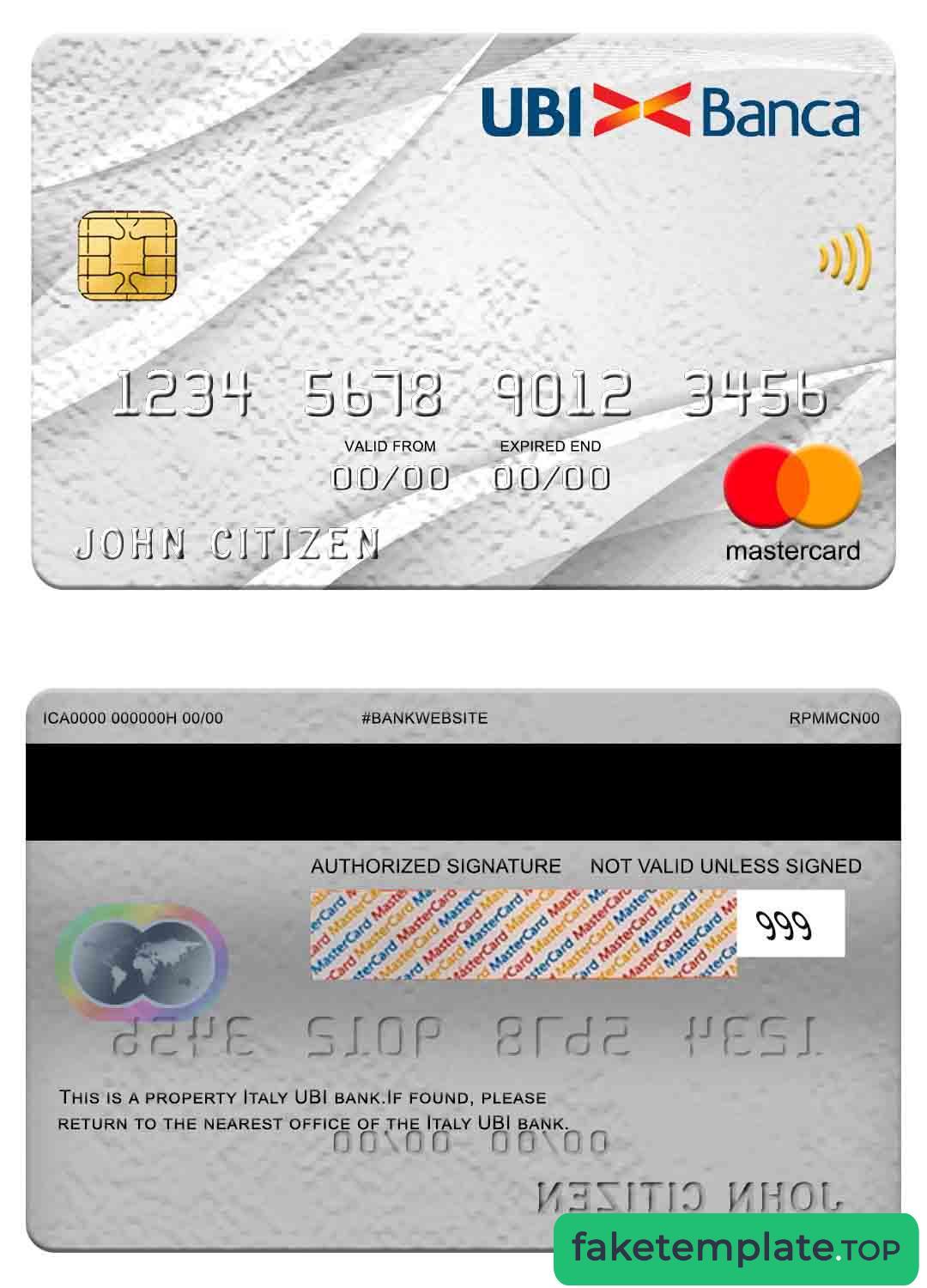 Feature of fake Italy UBI bank mastercard example